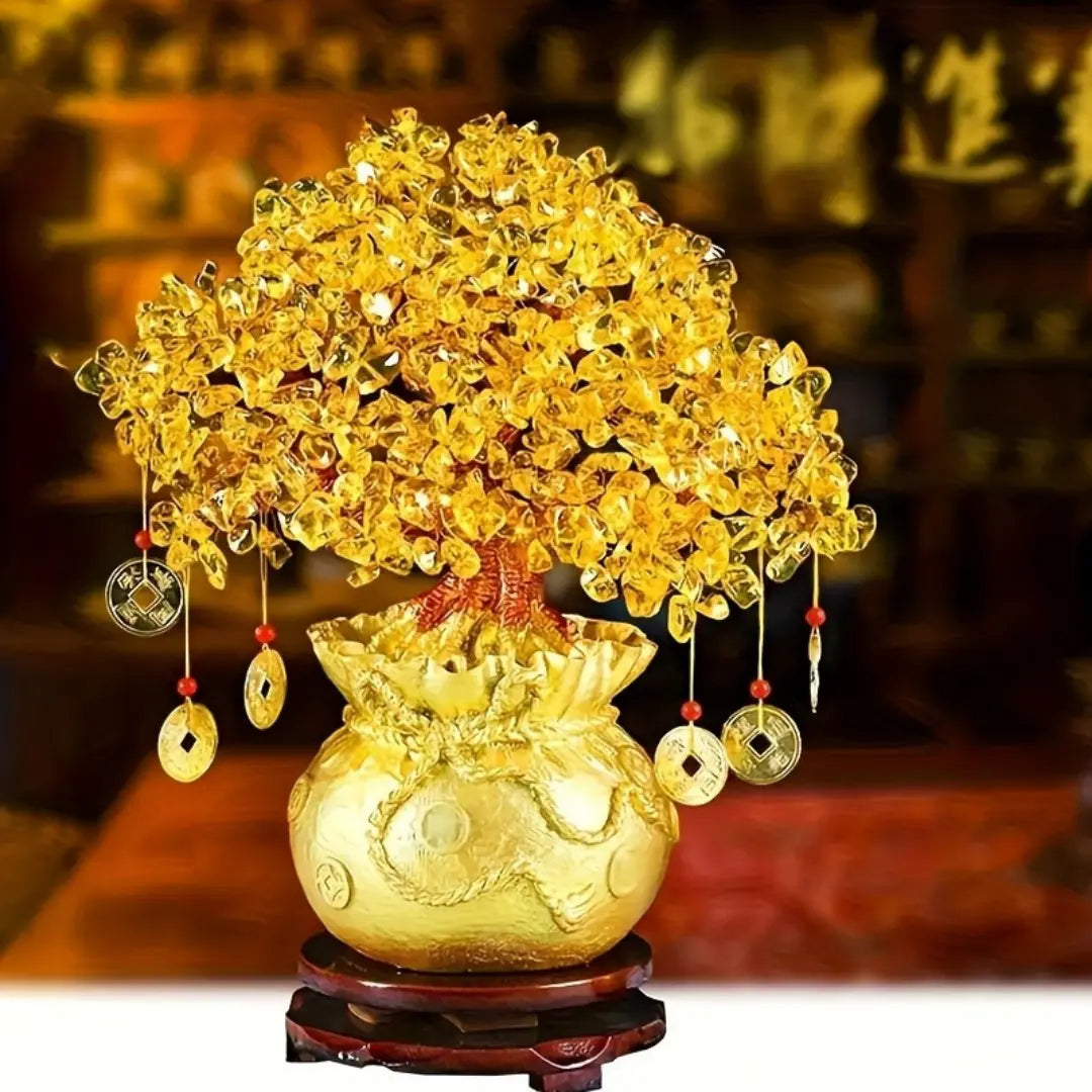 Resin Money Tree with Natural Crystal Leaves - Feng Shui Wealth and Prosperity Charm