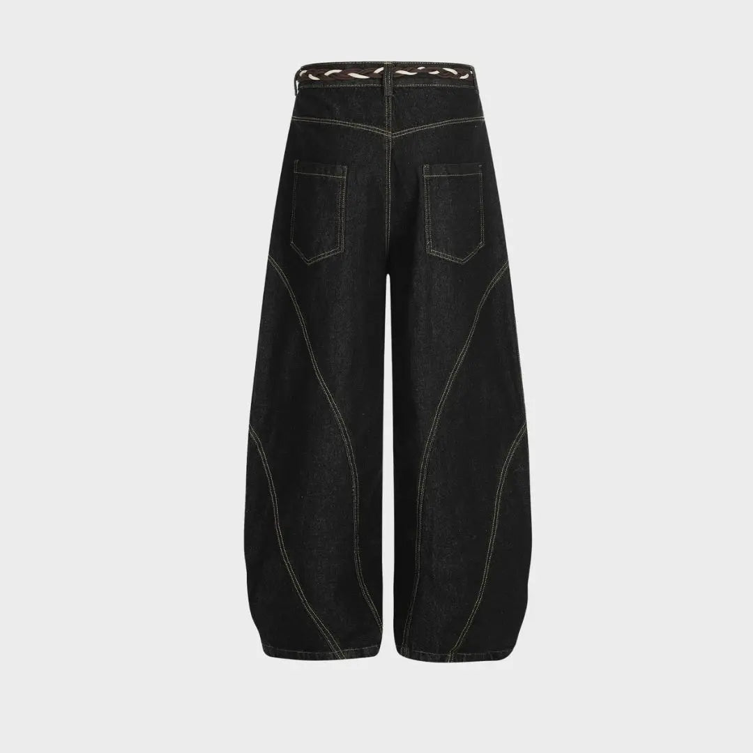 Barrel-Wave Patchwork Denim with Braided Belt