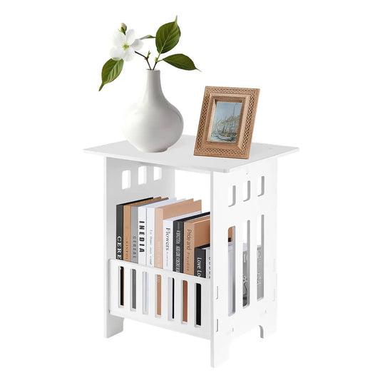 Multifunctional White Side Table - Small Coffee, Bedside & End Table with Storage Rack