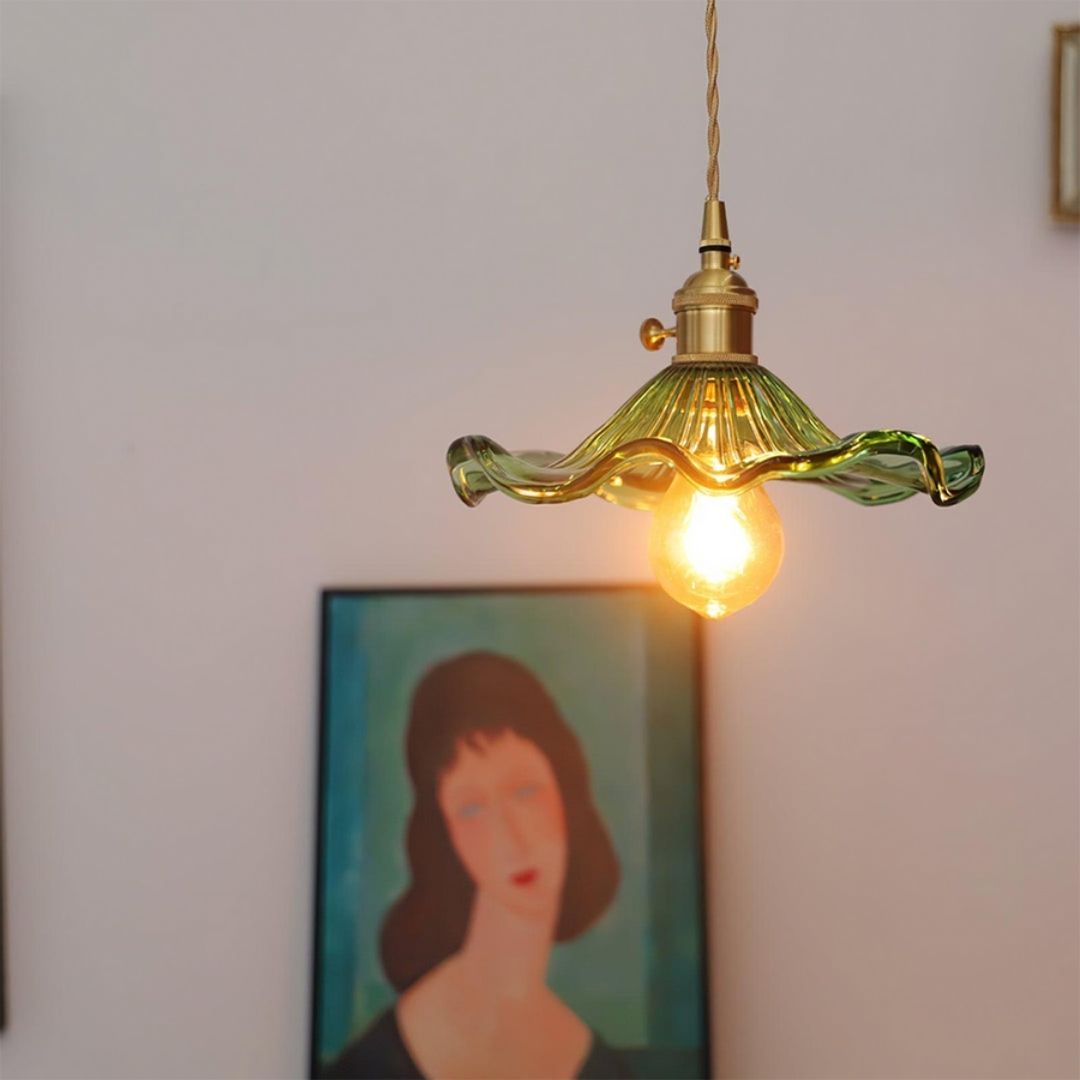 Hibiscus Bloom Glass Pendant - Vintage Floral Ceiling Light in Brass Finish