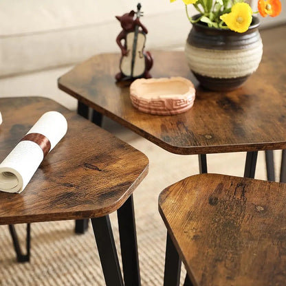 Nesting Coffee Table Set of 3 - Industrial Rustic Brown & Black Side Tables