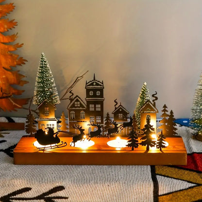 Christmas Tealight Candle Holder - Wooden Base and Metal House Design
