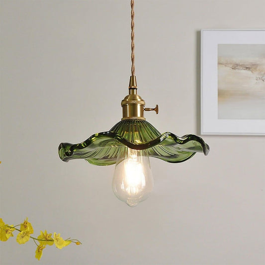 Hibiscus Bloom Glass Pendant - Vintage Floral Ceiling Light in Brass Finish