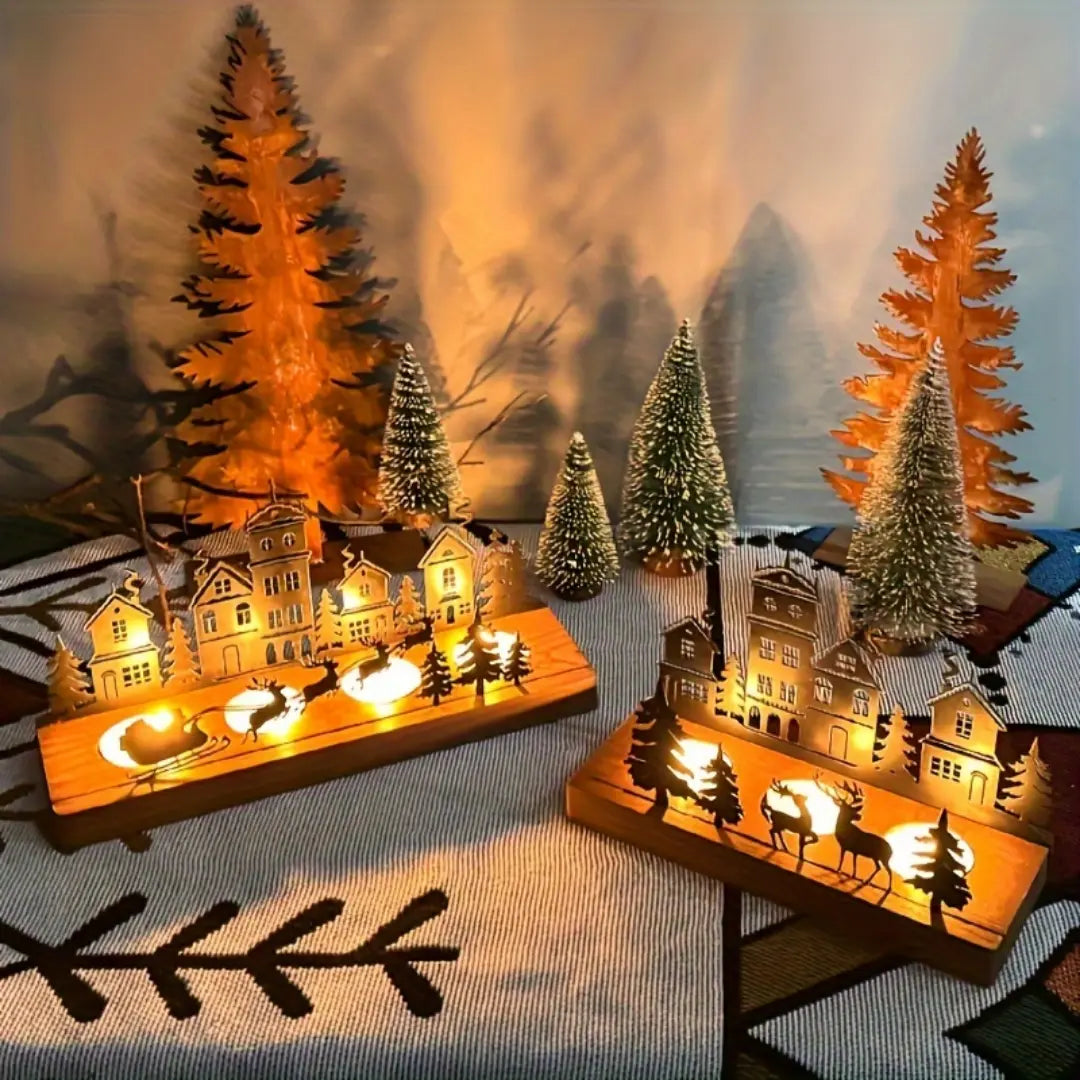 Christmas Tealight Candle Holder - Wooden Base and Metal House Design