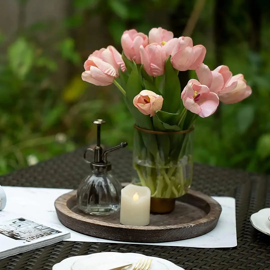 Round Wooden Candle Tray - Rustic Farmhouse Decor