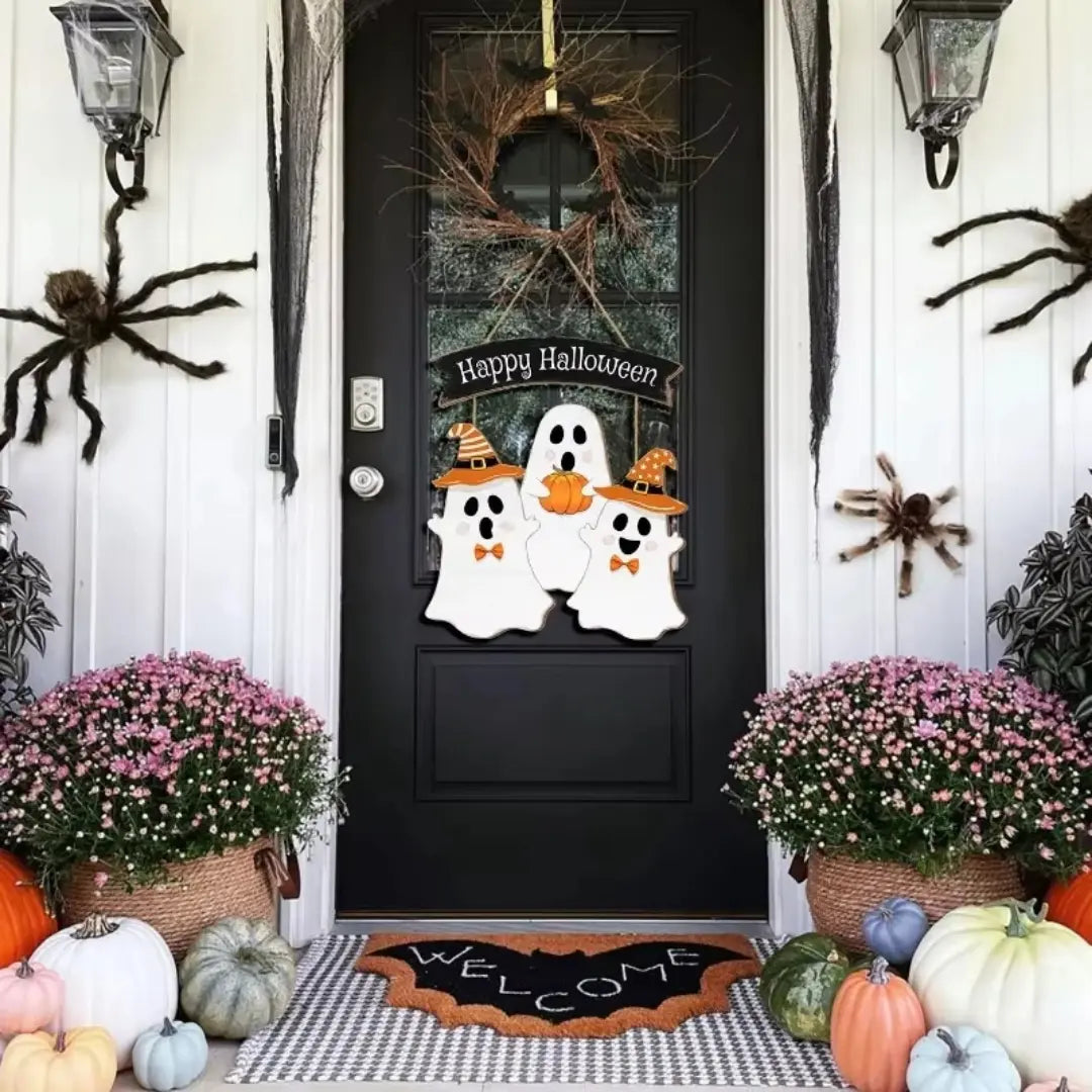 Halloween Wooden Hanging Sign - Ghosts & Pumpkin Design