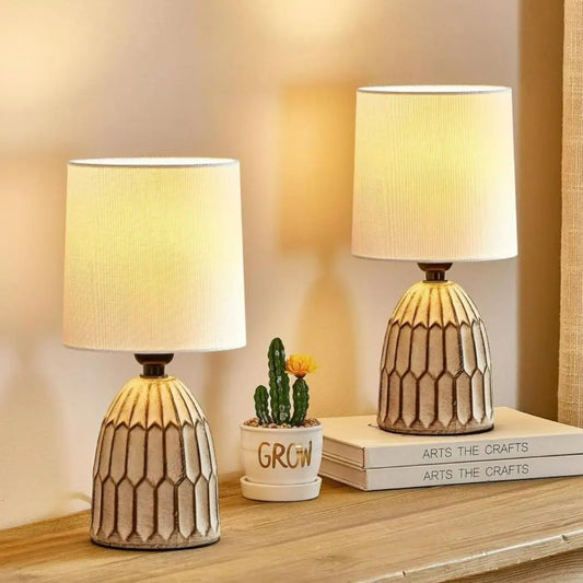 BohoLuxe Ceramic Table Lamp Set - Elegant Small Bedside Lamps with Fabric Shade
