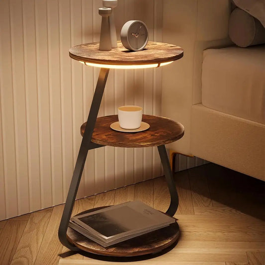 Round Side Table with 3 Tier Storage & 3 Color LED Lights