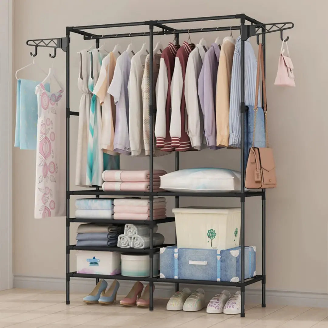 Double Row Clothes Rack with Shoe Shelf & Rotating Hooks