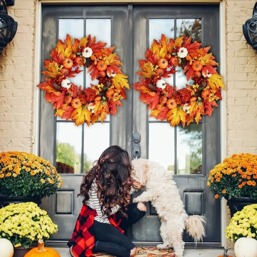 Fall Harvest Pumpkin Maple Leaf Wreath - Autumn Door Decoration