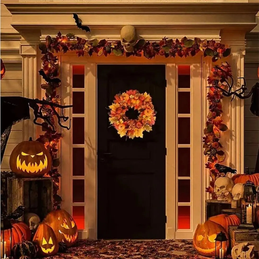 Fall Harvest Pumpkin Maple Leaf Wreath - Autumn Door Decoration