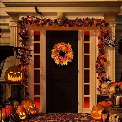Fall Harvest Pumpkin Maple Leaf Wreath - Autumn Door Decoration