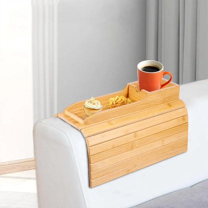 Couch Cup Holder Bamboo Wood Sofa Armrest Tray - Foldable and Anti-Slip