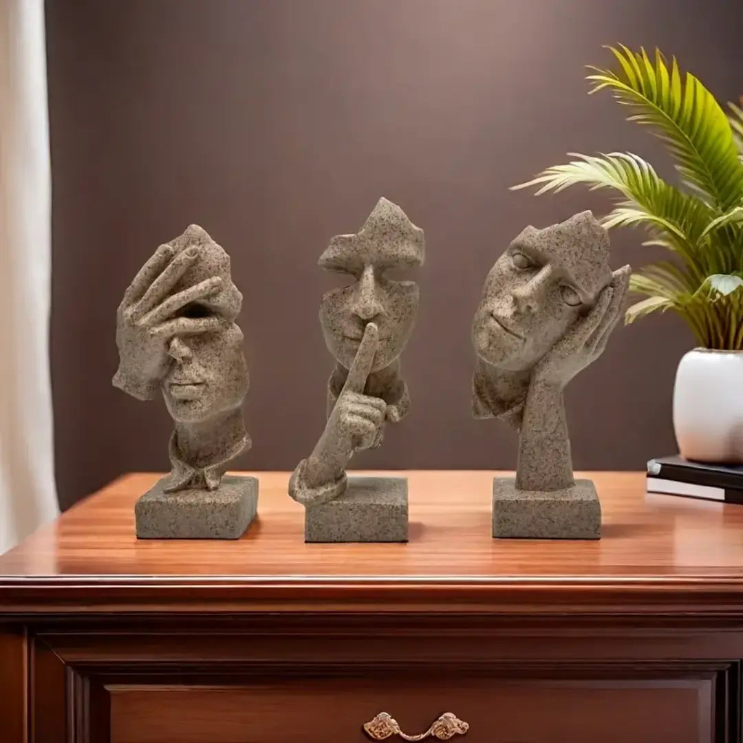 Set of 3 Silence Is Thinker Statues - Modern Resin Sculptures