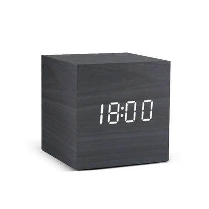 Cube Wooden LED Alarm Clock - Minimalist Digital Timepiece with Voice Control