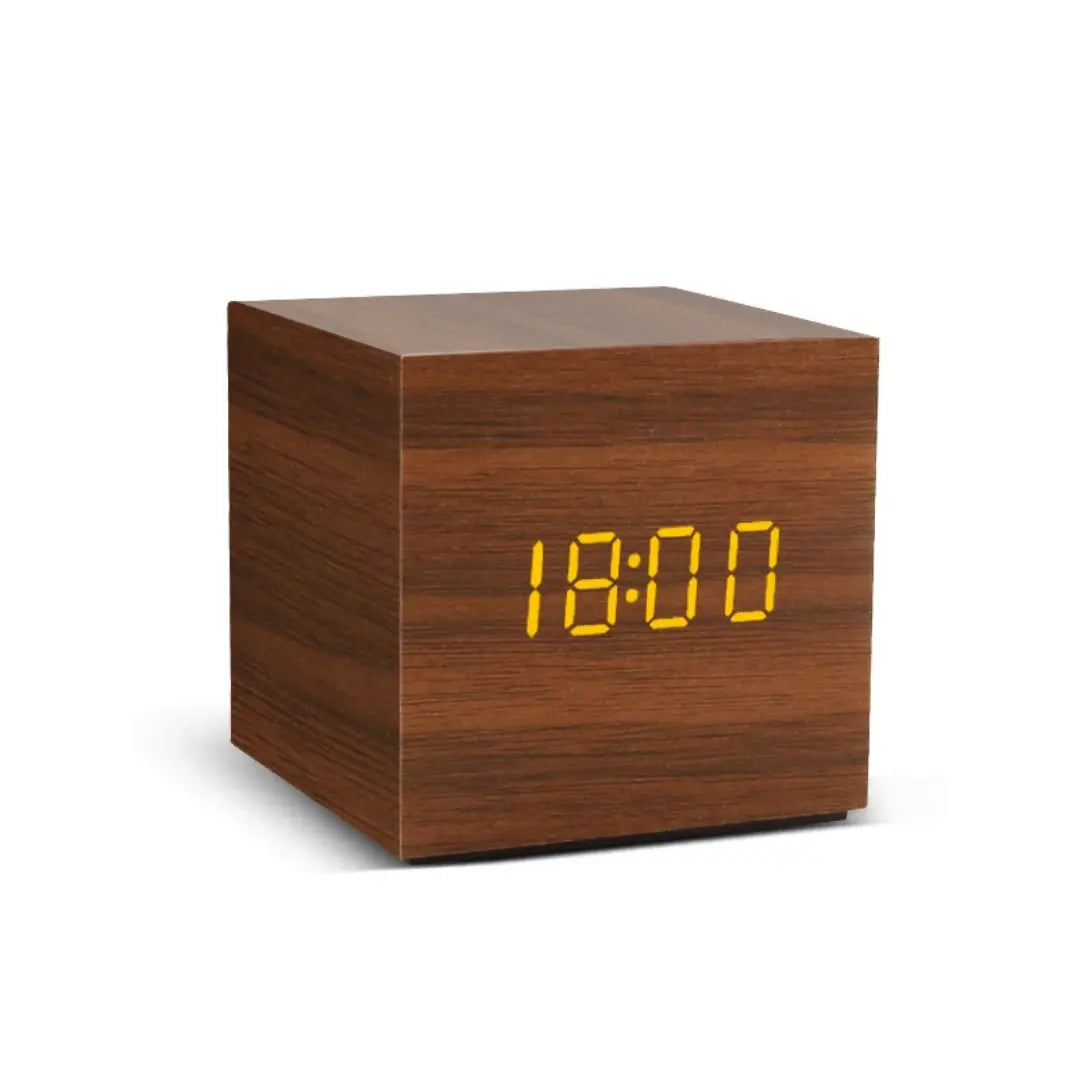 Cube Wooden LED Alarm Clock - Minimalist Digital Timepiece with Voice Control