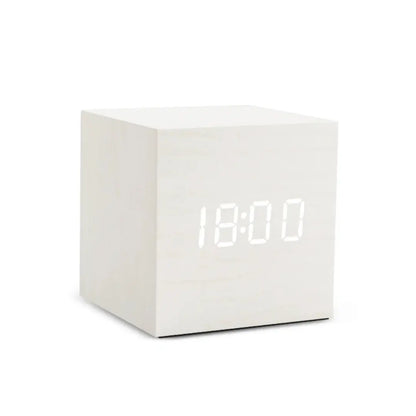 Cube Wooden LED Alarm Clock - Minimalist Digital Timepiece with Voice Control